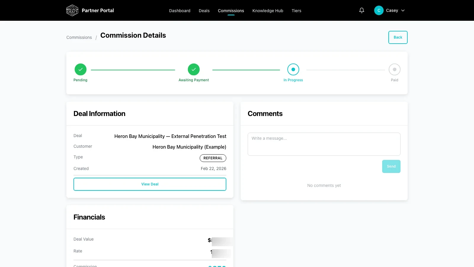 Commission detail page showing the four-stage commission lifecycle (Pending, Awaiting Payment, In Progress, Paid), deal information, comments, and financials breakdown