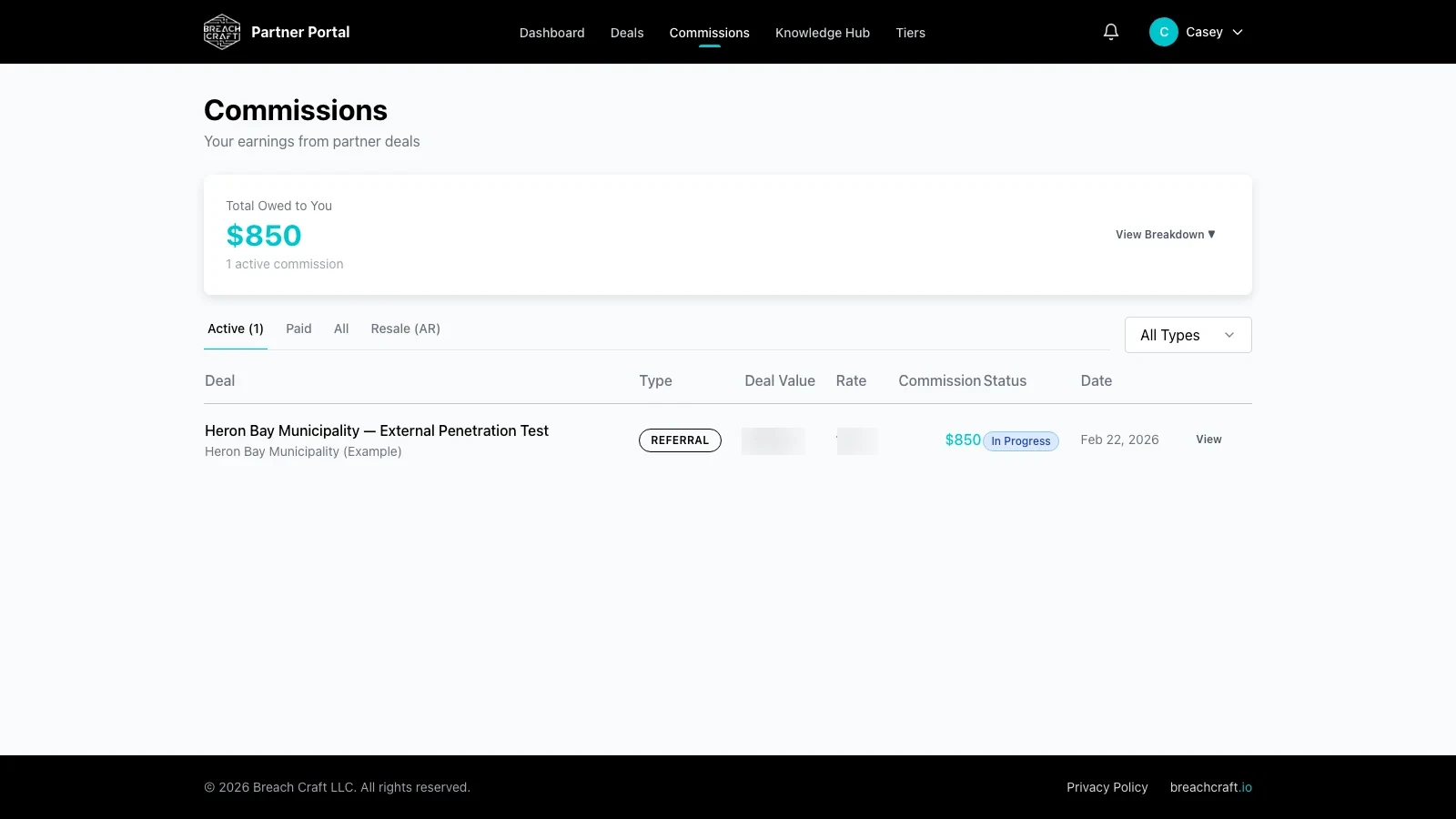 Commissions view showing total owed, registered deals with type, deal value, rate, commission, status, and date