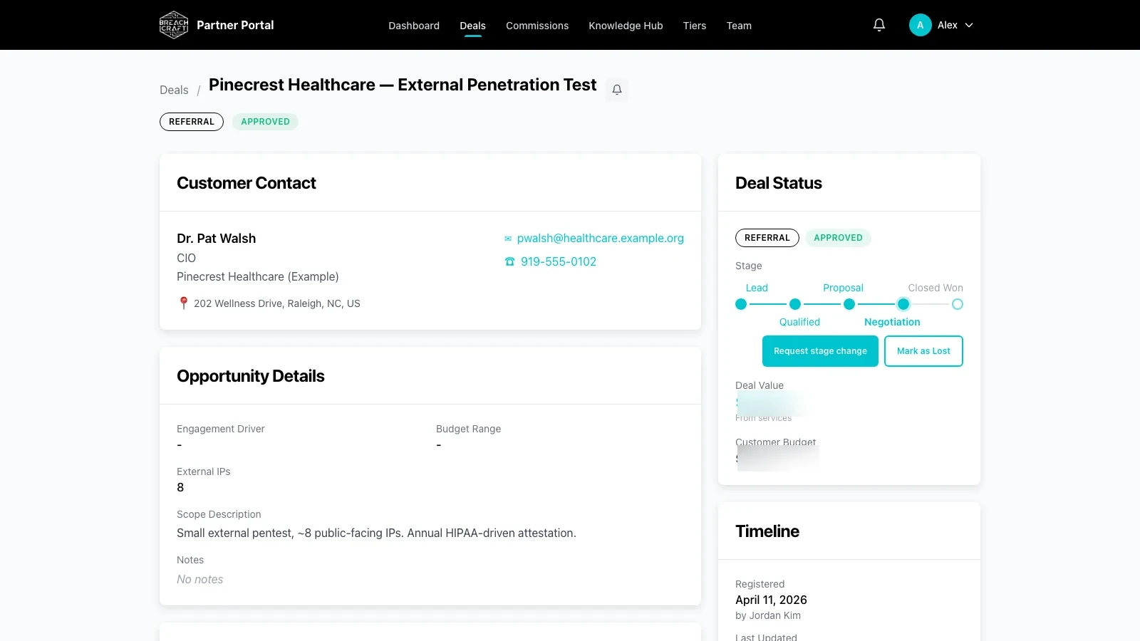 Deal detail page for an MSSP partner-delivered engagement showing customer contact, opportunity details, deal status with stage controls, financials, and timeline