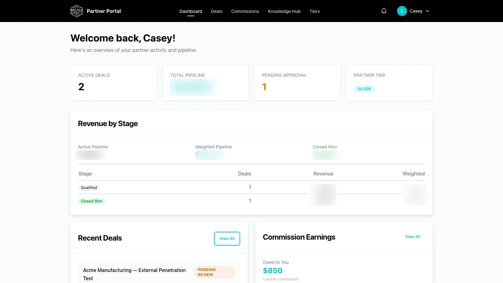Referral partner's personal dashboard showing active deals, pipeline summary, partner tier, revenue by stage, recent deals, and commission earnings