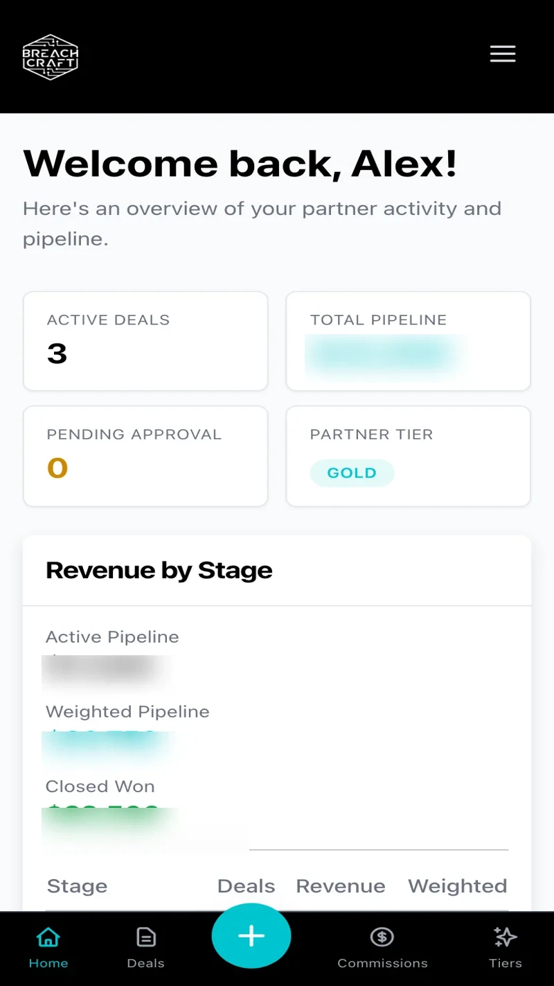 Organization dashboard on mobile showing active deals, pipeline summary, partner tier, revenue by stage, and bottom navigation shortcuts