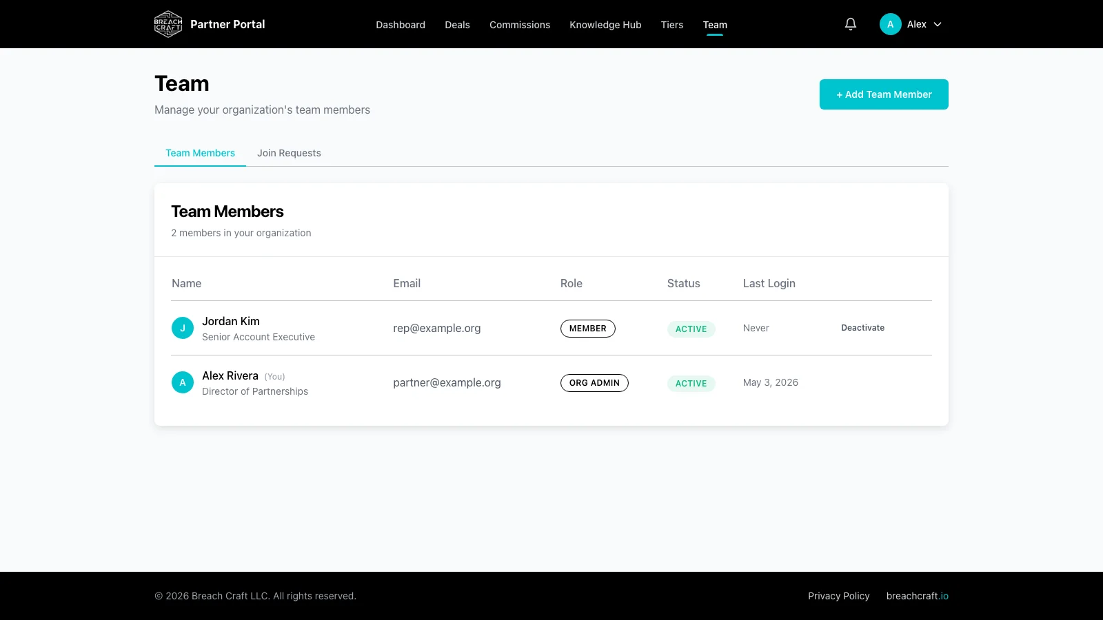 Team management page showing invited members with role assignments, active status, last login, and team admin controls